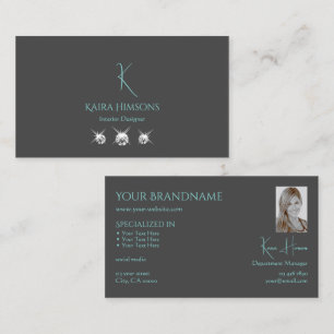 Modern Plain Gray with Monogram Photo and Jewels Business Card