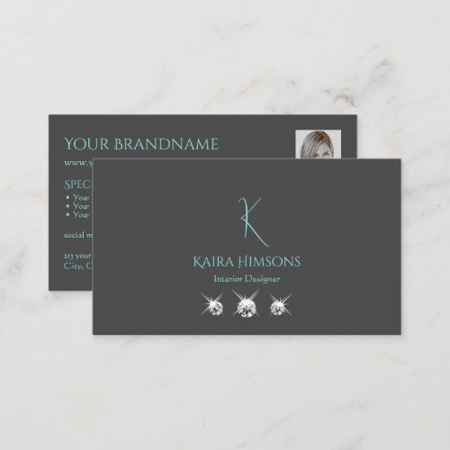 Modern Plain Gray with Monogram Photo and Jewels Business Card