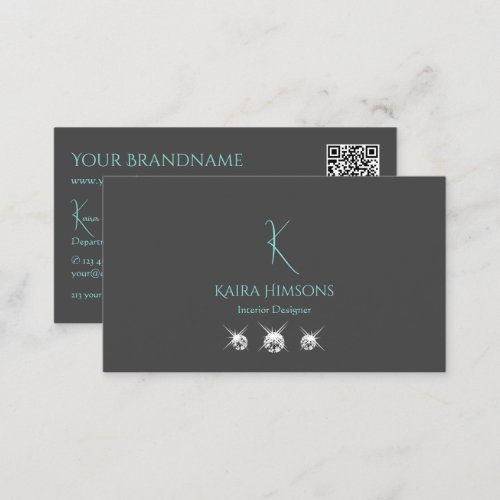 Modern Plain Gray with Monogram QR_Code and Jewels Business Card