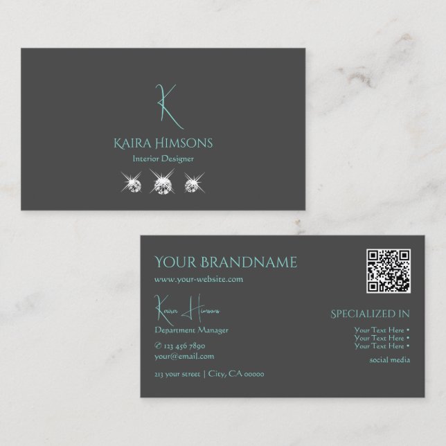Modern Plain Gray with Monogram QR-Code and Jewels Business Card (Front/Back)