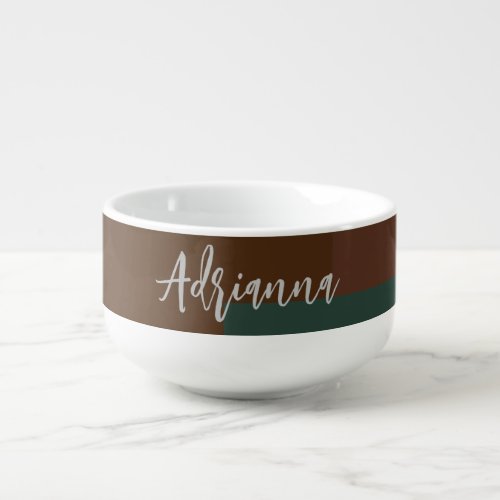 Modern Plain Handwritten Own Name Brown Green Soup Mug