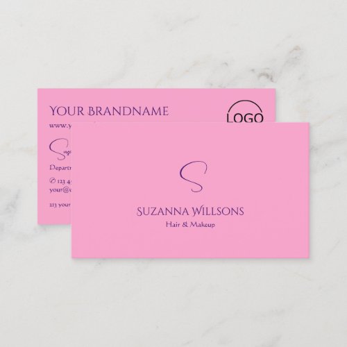 Modern Plain Light Pink with Monogram and Logo Business Card