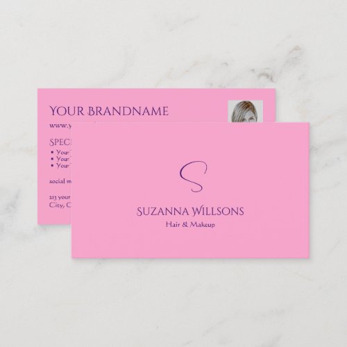 Modern Plain Light Pink with Monogram and Photo Business Card