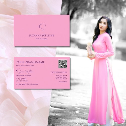Modern Plain Light Pink with Monogram and QR Code Business Card