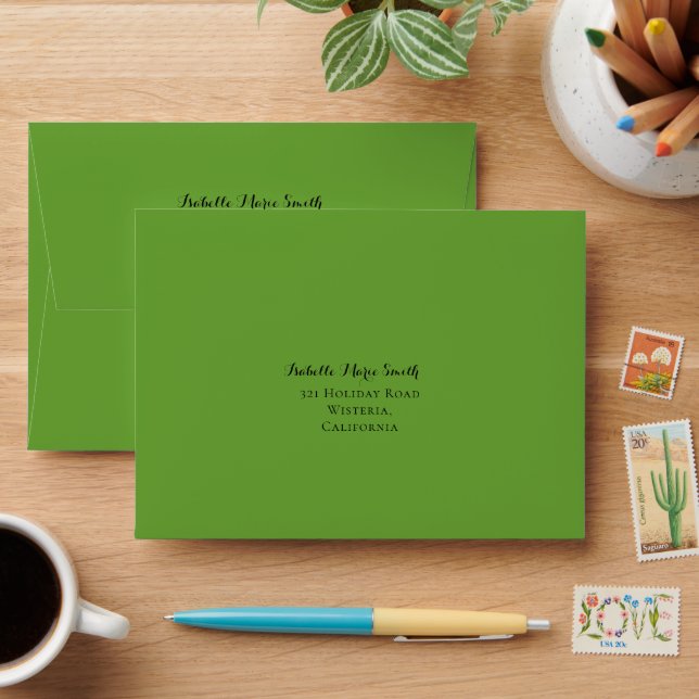 Modern Plain Lime Green Watercolor Wedding RSVP Envelope (Desk)