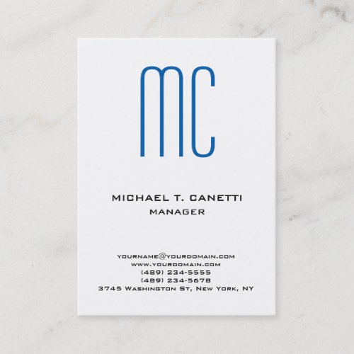 Modern plain minimalist blue white monogram business card