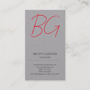 Modern plain minimalist grey red monogram initials business card
