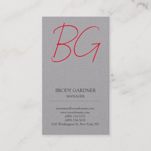 Modern plain minimalist grey red monogram initials business card