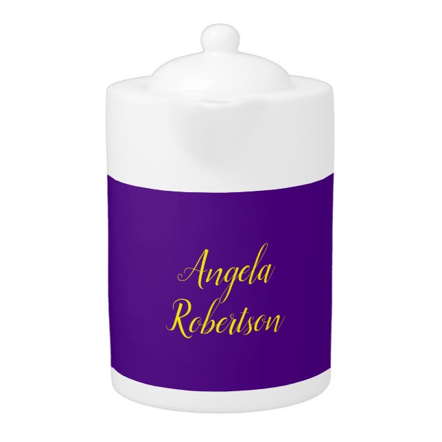 Modern plain minimalist name indigo blue yellow teapot (Front)