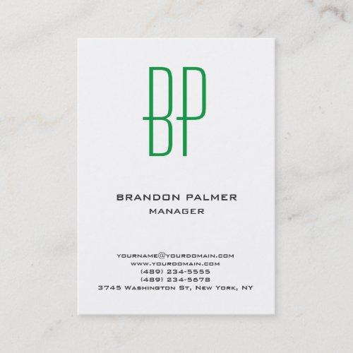 Modern plain minimalist white green monogram business card