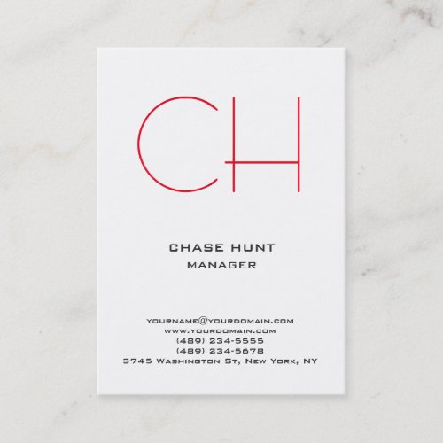 Modern plain minimalist white red monogram business card