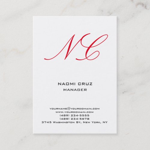 Modern plain minimalist white red monogram business card