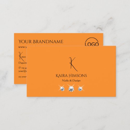 Modern Plain Orange with Monogram Logo and Jewels Business Card