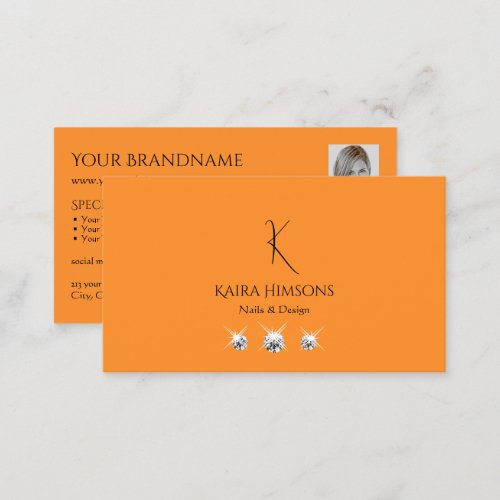 Modern Plain Orange with Monogram Photo and Jewels Business Card