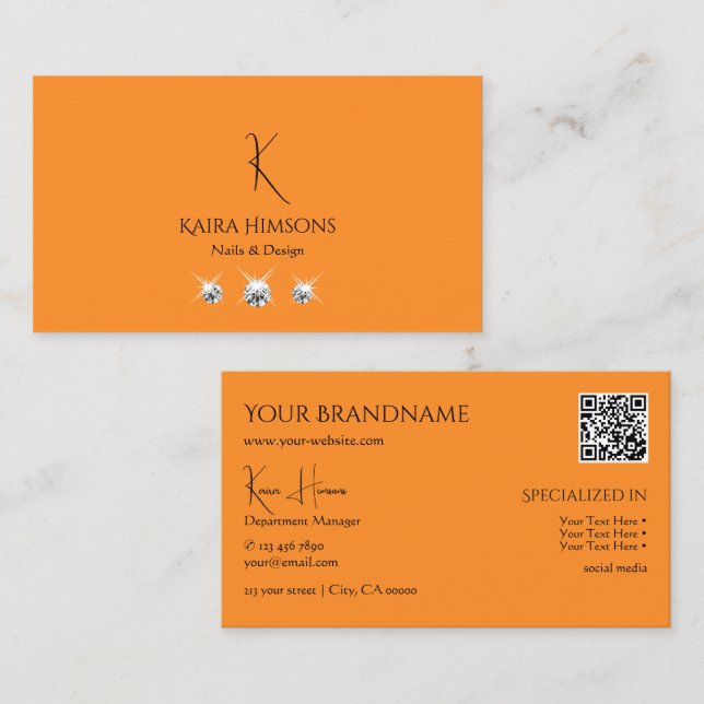 Modern Plain Orange with Monogram QR Code & Jewels Business Card (Front/Back)