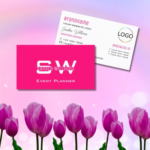 Modern Plain Pink White with Monogram and Logo Business Card
