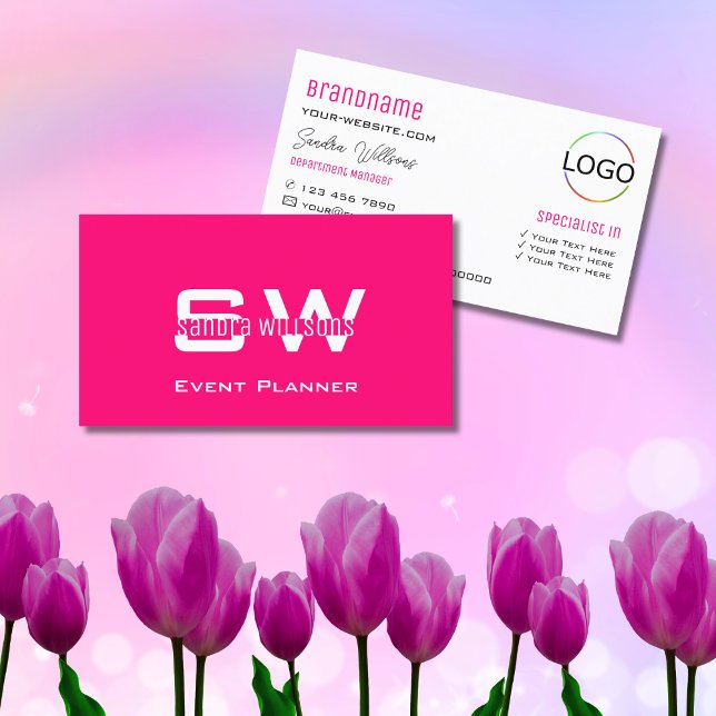 Modern Plain Pink White with Monogram and Logo Business Card (Creator Uploaded)