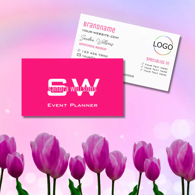 Modern Plain Pink White with Monogram and Logo Business Card | Zazzle