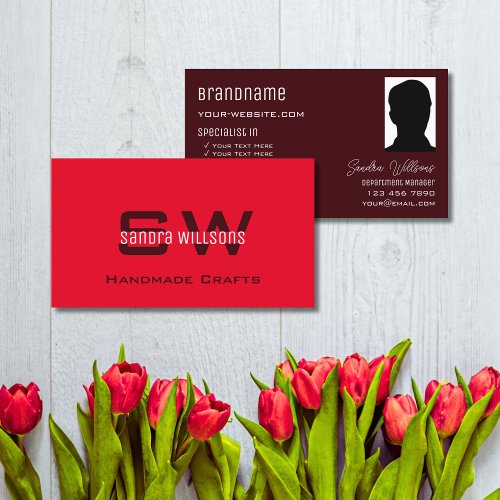Modern Plain Red Burgundy with Monogram and Photo Business Card