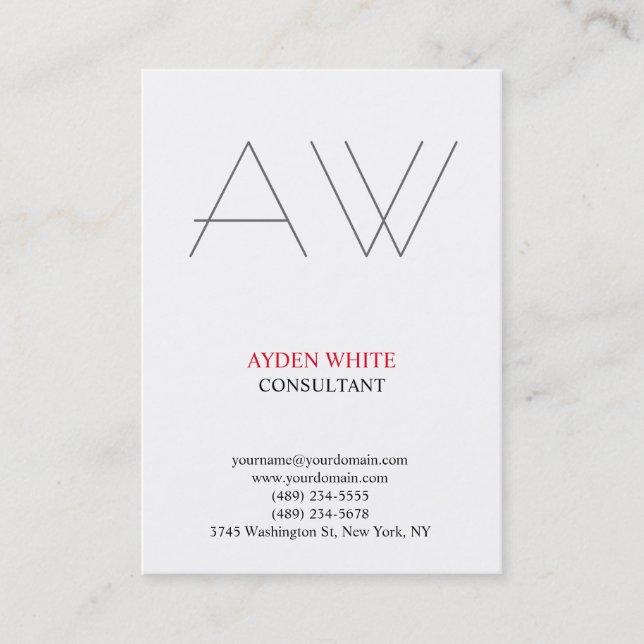 Modern plain simple black white red grey monogram business card (Front)