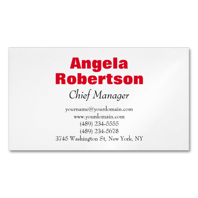Modern plain simple minimalist red white business card magnet (Front)