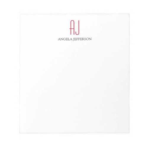 Modern plain simple white red monogram notepad