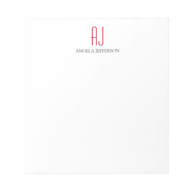 Modern plain simple white red monogram notepad (Front)