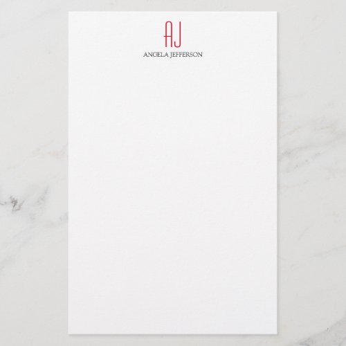 Modern plain simple white red monogram stationery