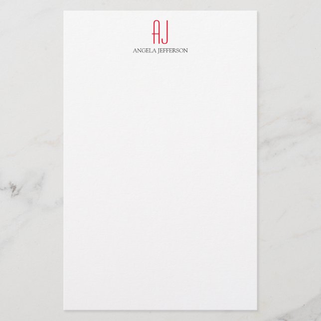 Modern plain simple white red monogram stationery (Front)