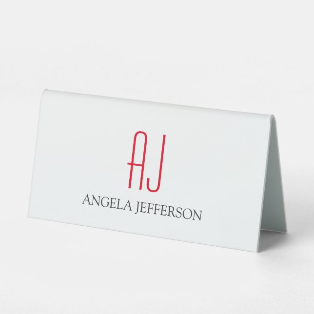 Modern plain simple white red monogram table tent (Front)