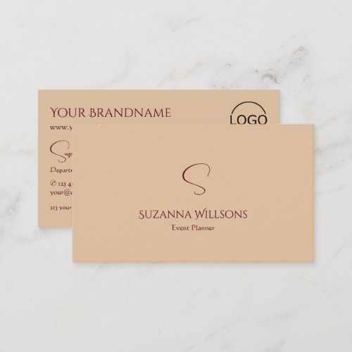 Modern Plain Tan Beige with Monogram and Logo Chic Business Card