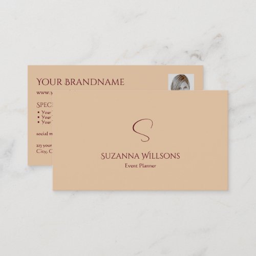 Modern Plain Tan Beige with Monogram and Photo Business Card