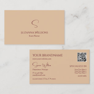Modern Plain Tan Beige with Monogram and QR Code Business Card