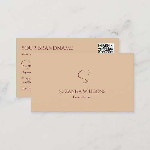 Modern Plain Tan Beige with Monogram and QR Code Business Card