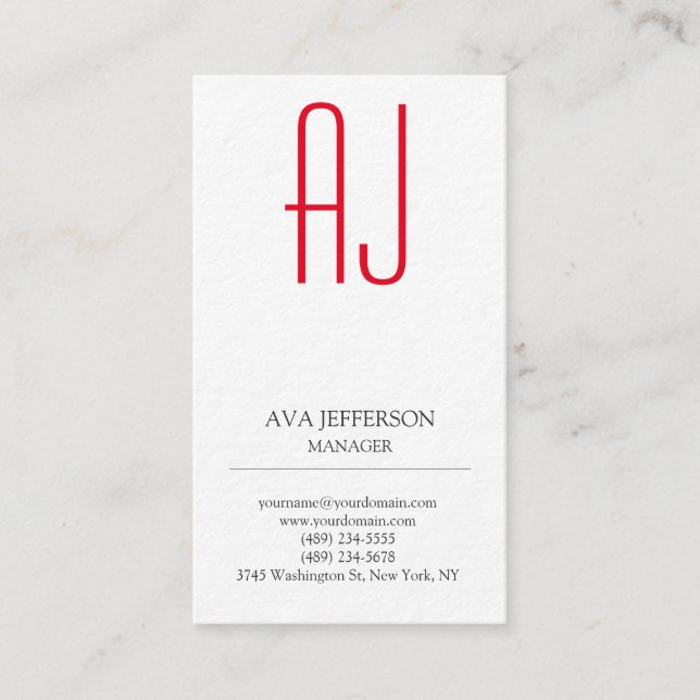 Modern plain vertical simple white red monogram business card (Front)