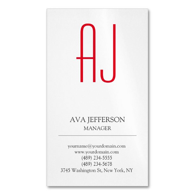 Modern plain vertical simple white red monogram business card magnet (Front Vertical)