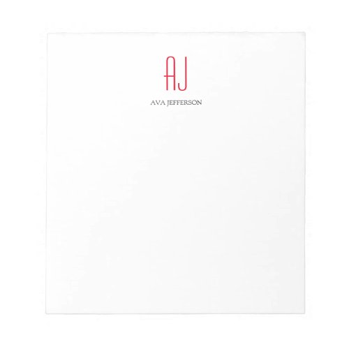 Modern plain vertical simple white red monogram notepad