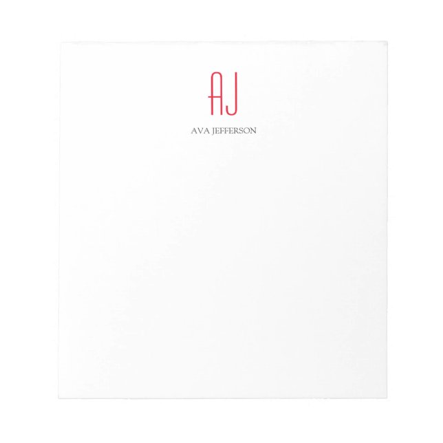 Modern plain vertical simple white red monogram notepad (Front)