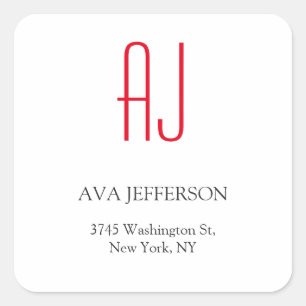 Modern plain vertical simple white red monogram square sticker