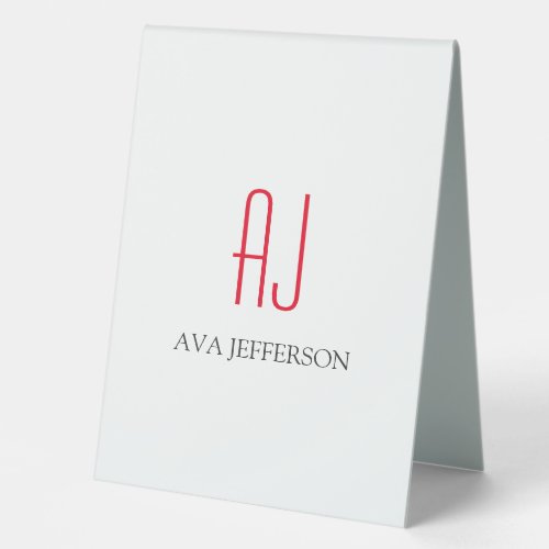 Modern plain vertical simple white red monogram table tent sign