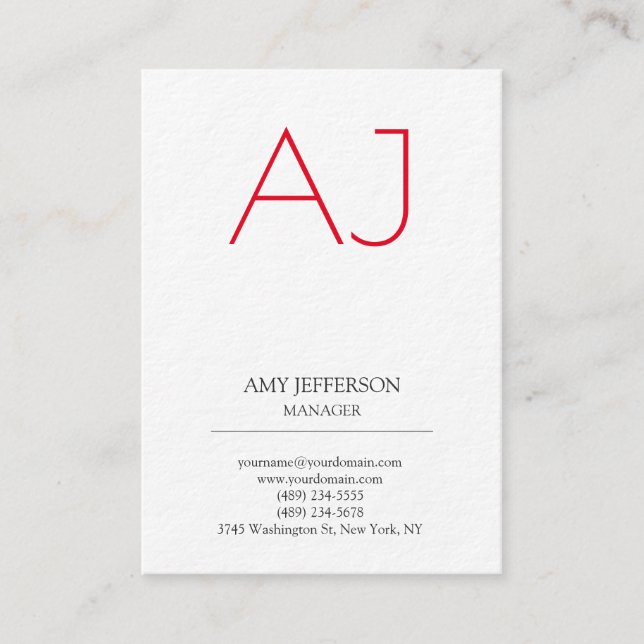 Modern plain vertical Stylish white red monogram Business Card (Front)