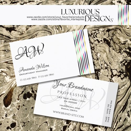 Modern Plain White Colorful Decor Stripes Monogram Business Card