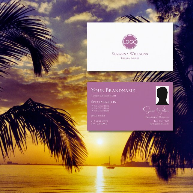 Modern Plain White Lilac with Logo and Photo Chic Business Card (Creator Uploaded)