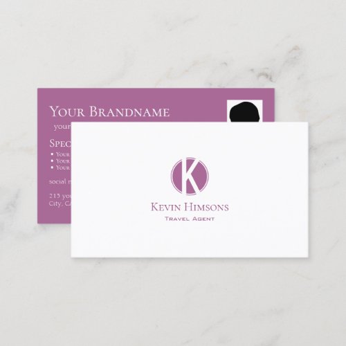 Modern Plain White Lilac with Monogram and Photo Business Card