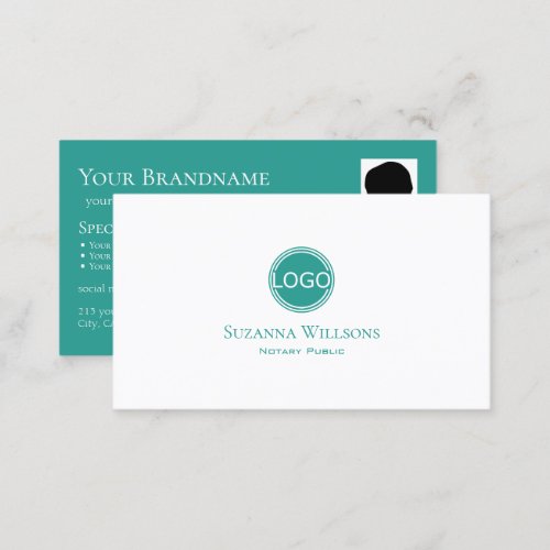 Modern Plain White Teal Circle with Logo and Photo Business Card