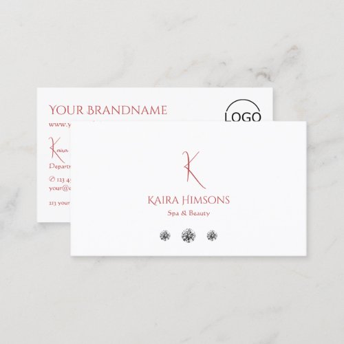 Modern Plain White with Monogram Logo and Diamonds Business Card