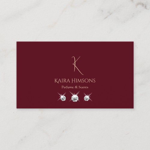 Modern Plain Wine Red with Monogram and Jewels Business Card