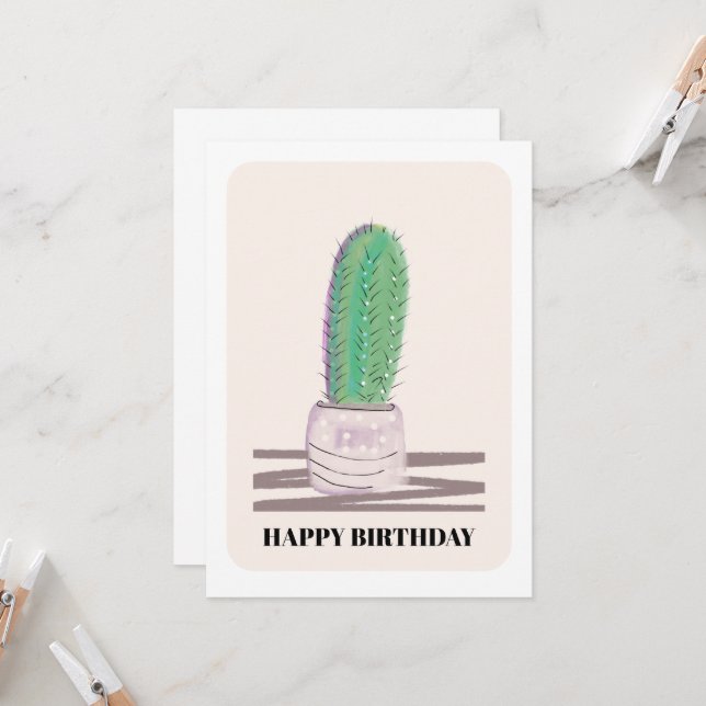 Modern Plant Cactus Green Birthday Card (Front/Back In Situ)