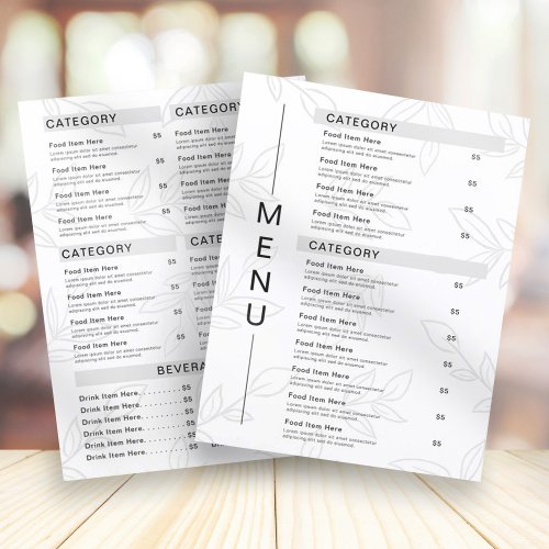 Modern Plant Leaf Black  White Restaurant Menu