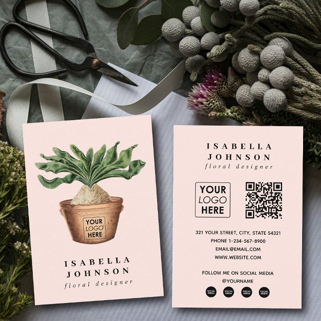 Modern Plant Logo Pink QR Code Social Media Business Card (Modern Plant Logo Pink QR Code Social Media Business Card)